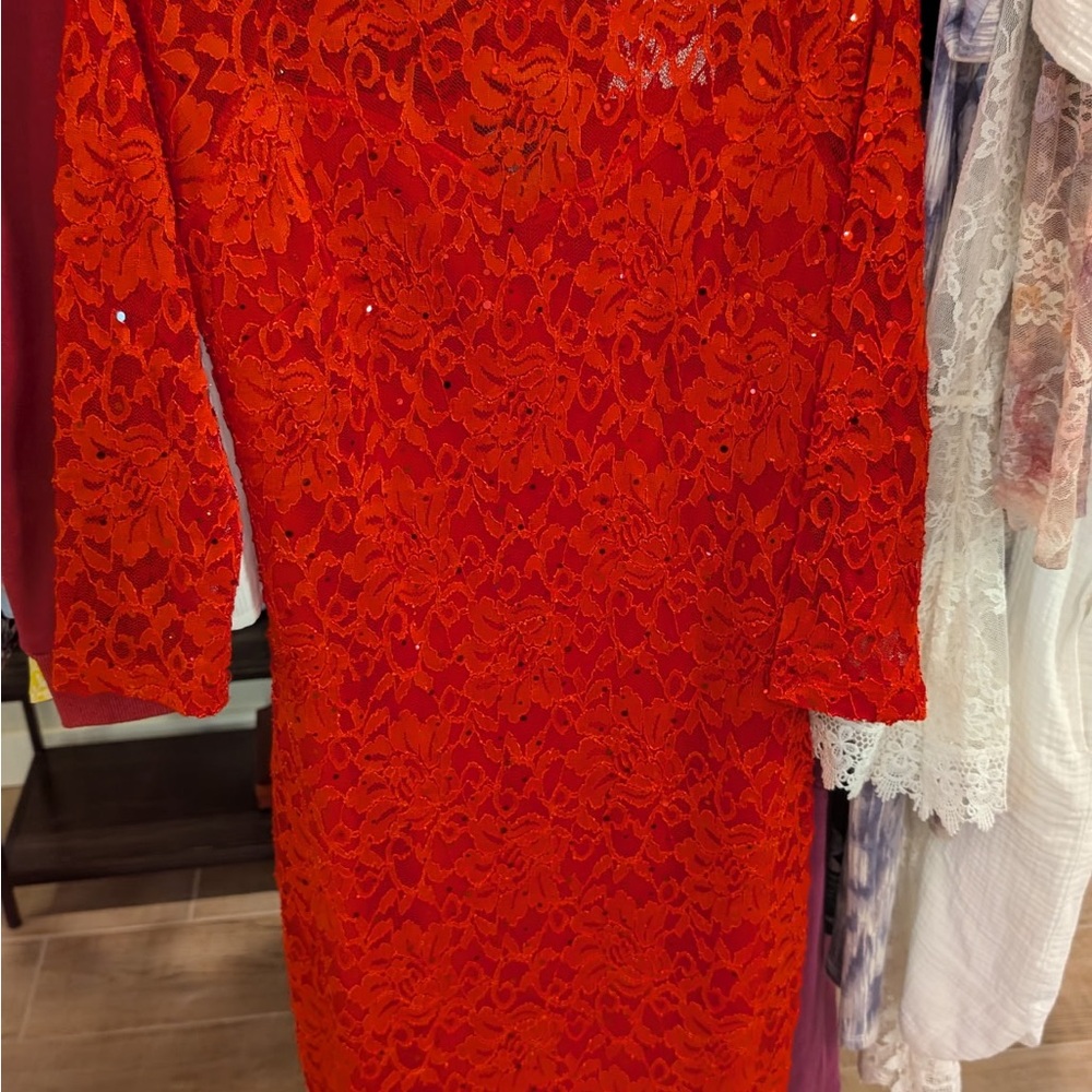 Chocolate Fiery Red Lace Long Sleeve Dress
